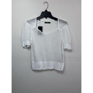 7 For All Mankind Womens Large White Short Sleeve Crochet Sweater Knit Top Shirt